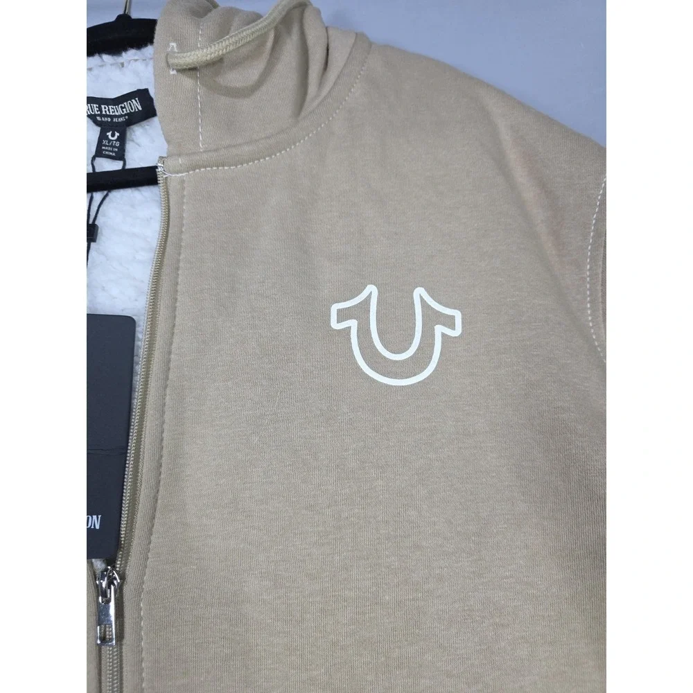 True‎ Religion Buddha Graphic Sherpa Fleece Hoodie Full Zip Hooded Sz XL NWT Tan